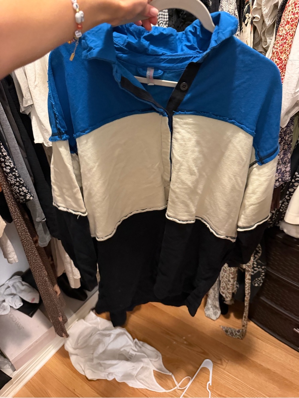 Free People Colorblock Hooded Pullover - Blue, Cream & Black